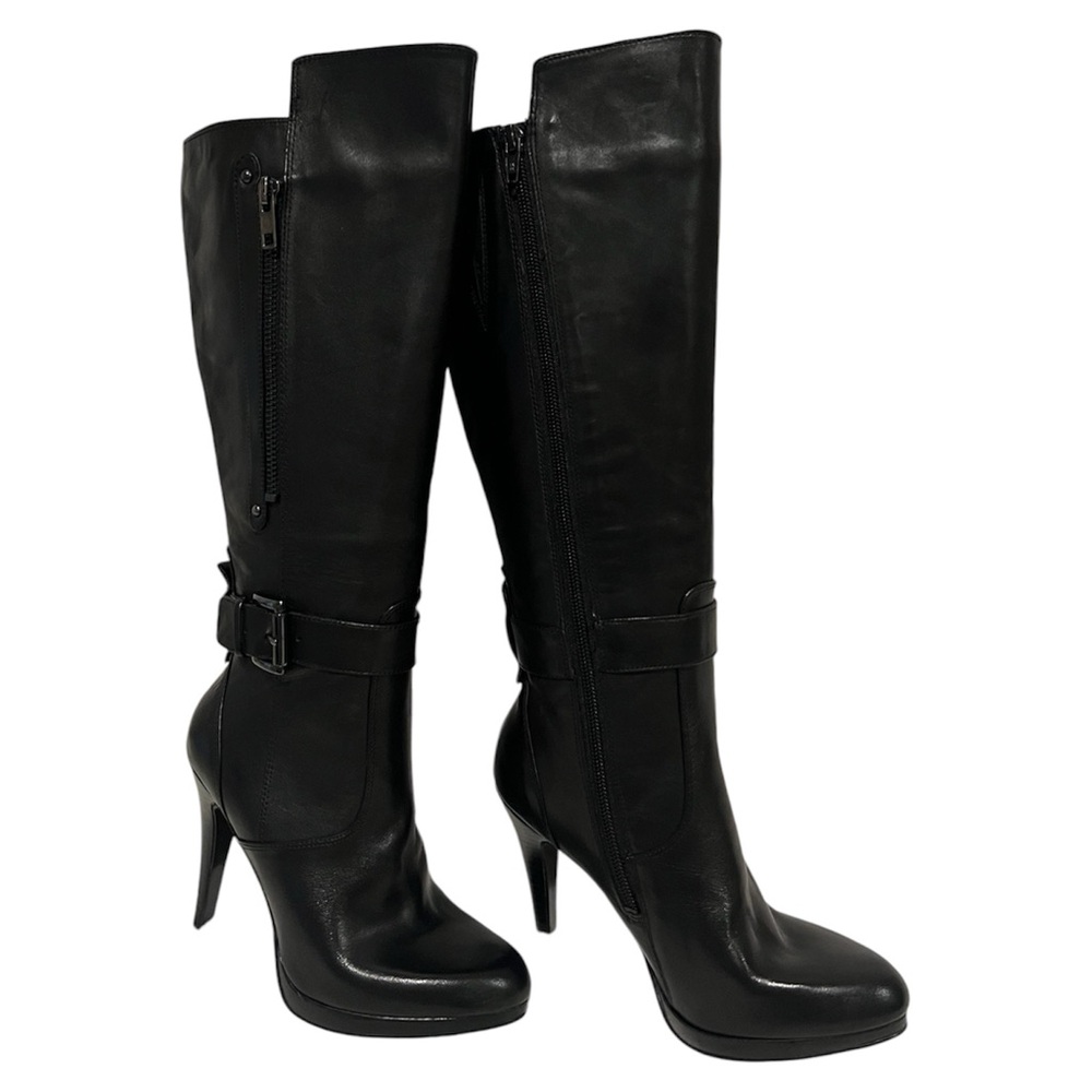 NINE WEST knee high boots platform stiletto black zip ankle buckle sz 5M NWT.